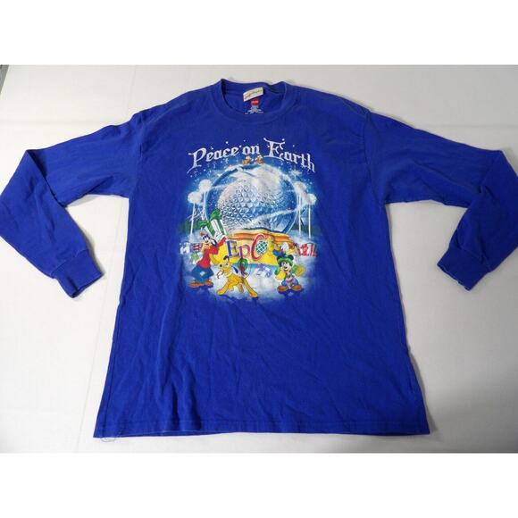 Walt Disney Kids XL Shirt Epcot Vtg Peace On Earth Blue Long Sleeve Y2K Christma - Picture 1 of 12
